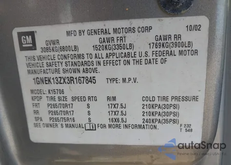 2003 Chevrolet Tahoe Z71 z USA, uszkodzony, nr VIN 1GNEK13ZX3R167845